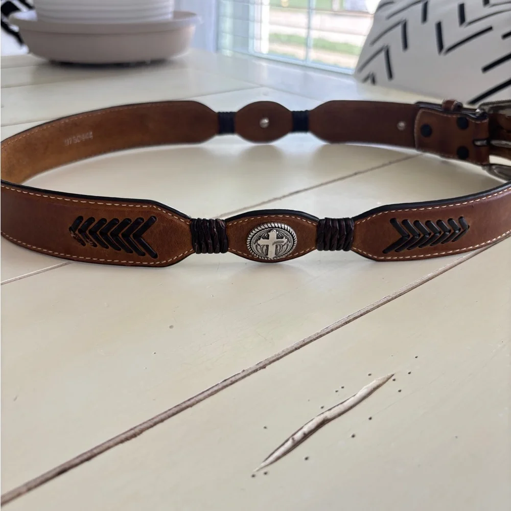 Cavender's Brown Leather Belt Men’s 34 Cross Detail 9750444